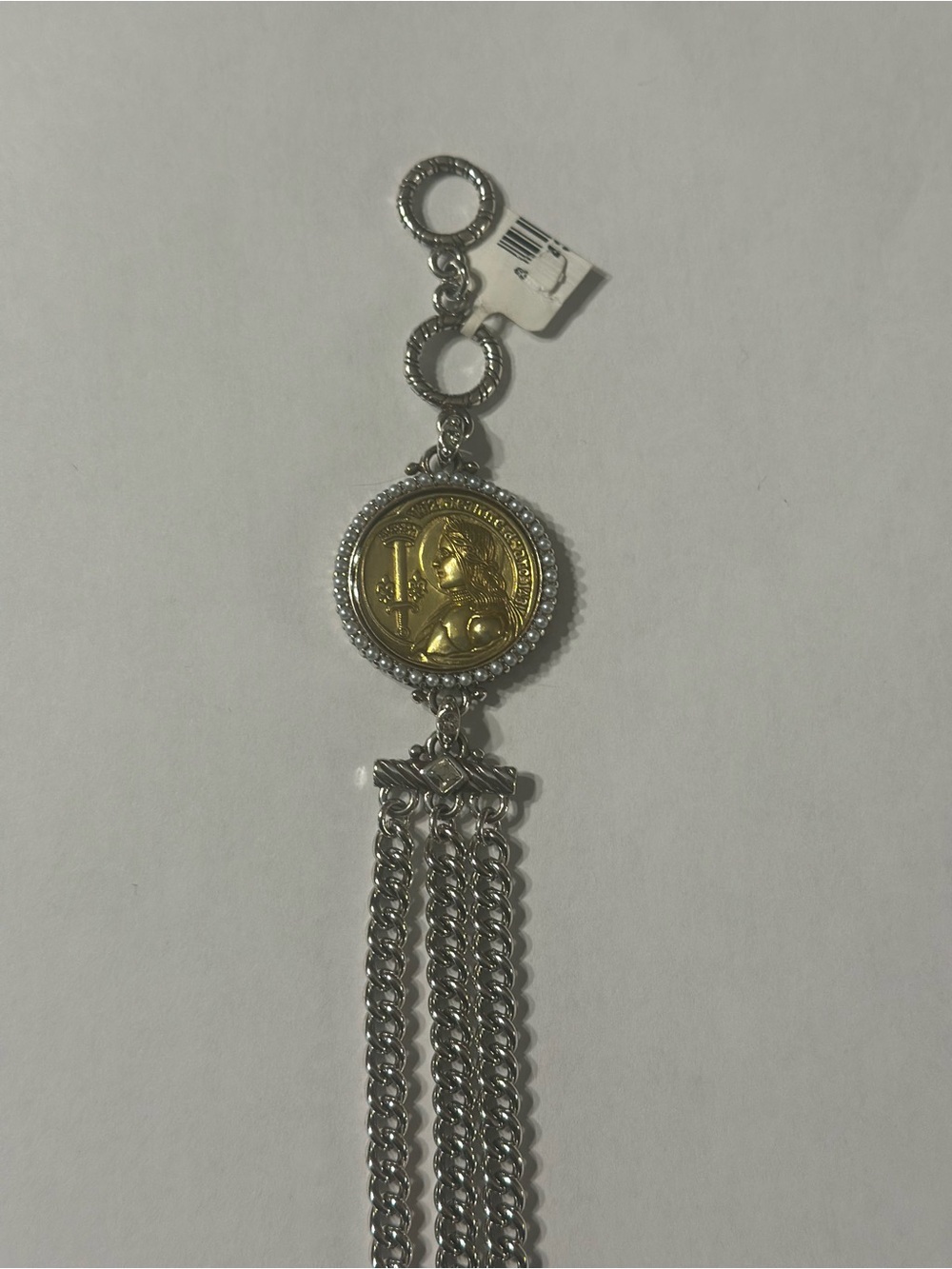 Brighton Gold-Tone Joan of Arc coin bracelet with silver accents and tassel. NWT - Picture 5 of 8